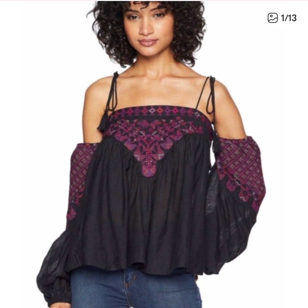 Free People Blouse Womens Large Vacay Vibin Embroidered Black Peasant Boho